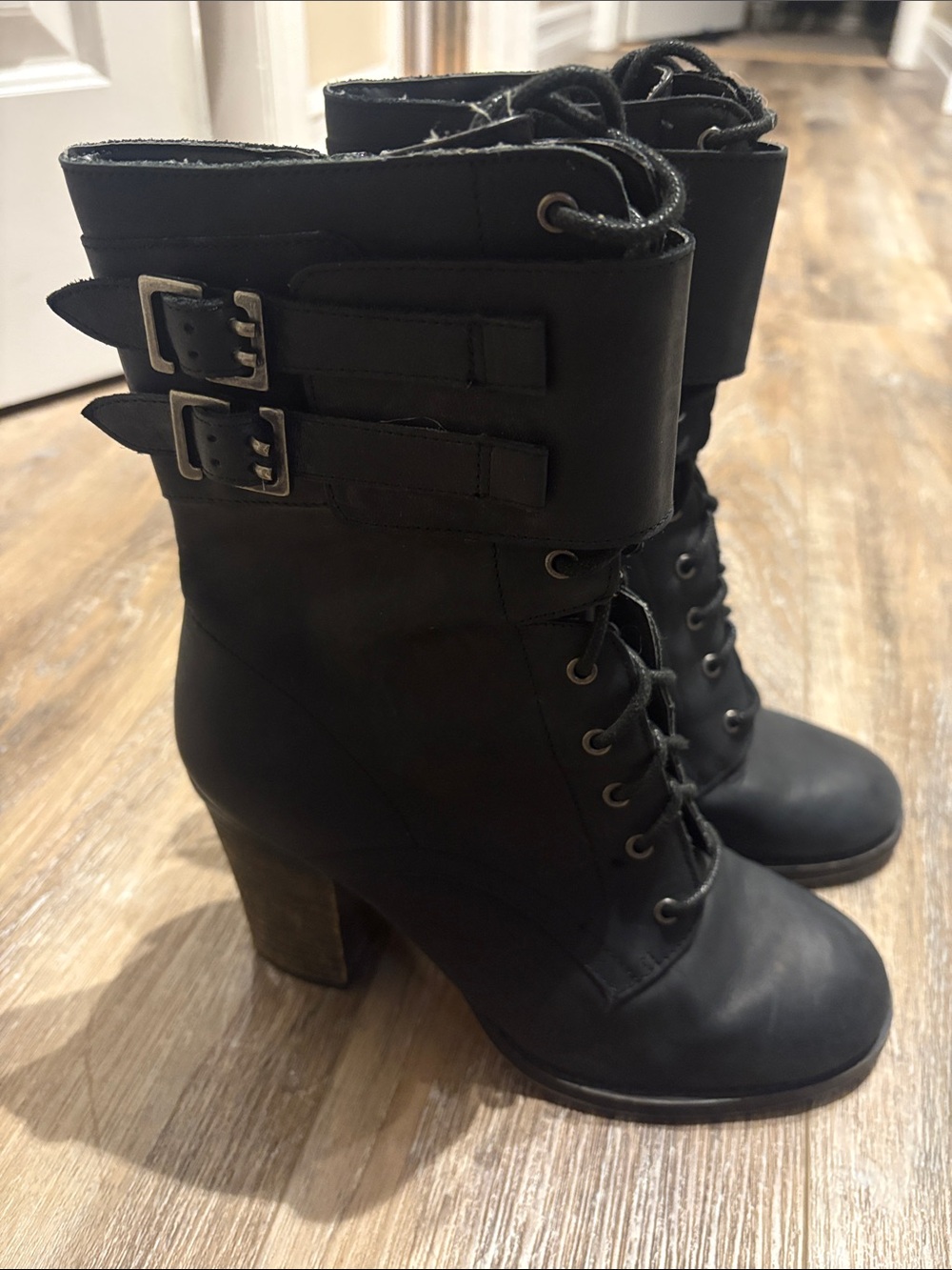 Chinese Laundry Black Lace-Up Buckle Heeled Ankle Boots